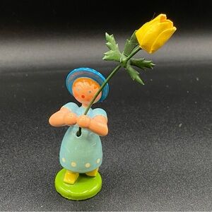 Very Old ERZGEBIRGE German Hand Carved Wooden Girl Holding Yellow Daffodil